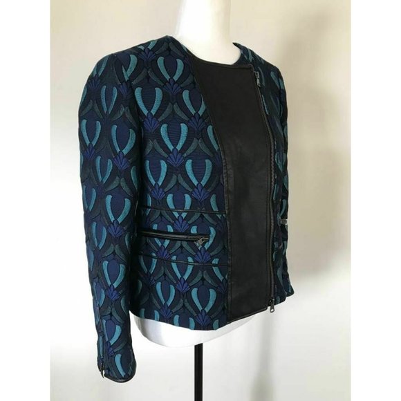 CLUB MONACO Moto Jacket Size 2 Lambskin Leather Detail Blue Jacquard Brocade - Picture 5 of 10